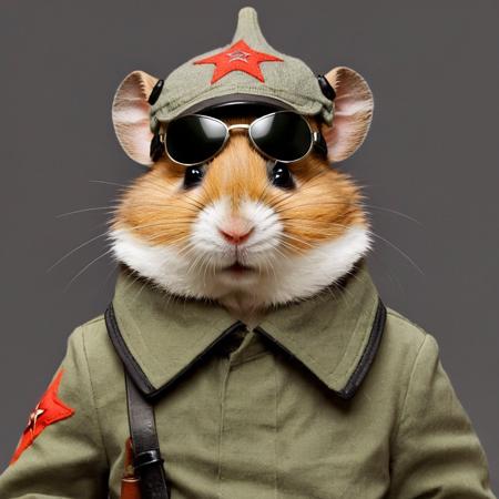 <lora:RKKA-000001:0.9>(closeup:1.2) Cinematic, standing pose hamster  in rkka:0.8 officer uniform (full body:1.7) in  (comouflage budenovka, with small star:1.2) with Aviator sunglasses, Low-angle shot,