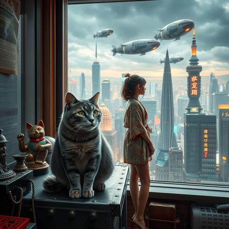 Grey tabby cat with greensits on a cluttered metal riveted desk next to a maneki neko statue and small bronze buddha, the cat is looking out to a floor to ceiling window that looks out over a futuristic cyberpunk Tokyo skyline with skyscrapers and futuristic airships covered with lights and advertisements in Japanese, a tall thin beautiful young woman, 22 years old, is standing next to the cat looking out at the city through the window, The woman is dressed in an ornate short japanese style bath robe, exposing her long legs.  The woman's hair is messy from just waking up. Artistic cyberpunk, dynamic perspective,
