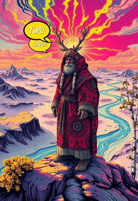 A Siberian shaman stands atop a surreal tundra plateau, wrapped in robes of radiant, pop-art patterns — bold reds, icy blues, and electrified yellows. His antlered headpiece crackles with energy, channeling ancestral spirits that swirl above in comic-style speech bubbles and glowing glyphs. The landscape pulses with exaggerated textures: psychedelic lichen, oversized birch trees with halftone bark, and rivers that twist in graphic stripes like Roy Lichtenstein brushstrokes.