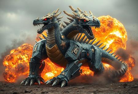 "Imagine a majestic, mecha-anthropomorphic Tyrant Dragon dinosaur from a grey and gold Jurassic World, inspired by Gatōken Shunshi and resembling a lion. Picture it in a full-body sarcastic pose, headless with a locked and loaded attitude amidst a grand explosion. This awe-inspiring live-action adaptation, available on eBay, showcases intricate details, vibrant colors, and dynamic composition, integrating elements of patreon, mecha, and glorious design. Envision it as a high-resolution, 4K artwork with stunning colors, sharp lines, and harmonious aesthetics. This unique piece, reminiscent of works by Peter Mohrbacher, Wadim Kashin, Greg Rutkowski, and other renowned artists, would make an exceptional addition to any art aficionado's collection. Trending on ArtStation and CGSociety, this 16K masterpiece, created with Octane Render and Unreal Engine 5, delivers an unforgettable visual experience."