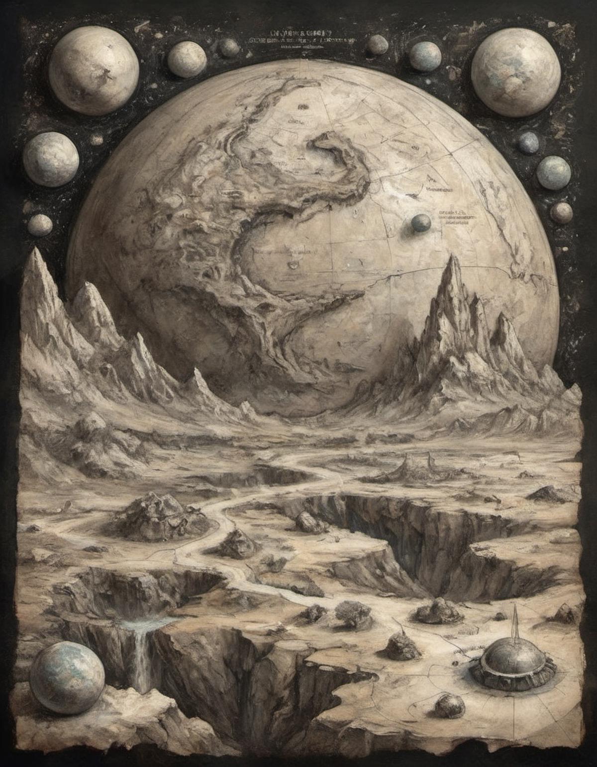 A Planetary Artwork Featuring a Planet, Mountains, and Craters