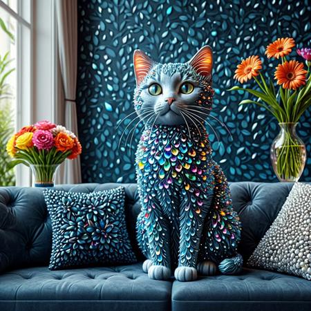 cat made of tearStyle2, indoor, beautiful background, vase, flower, couch, wall decoration, best quality, detailed image, 4k, 8k