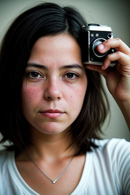 The image portrays a young woman with long, dark hair holding a vintage camera close to her face, partially obscuring one of her eyes. She gazes directly into the lens with an intense, thoughtful expression. The photograph has a distinct cinematic and nostalgic aesthetic, with soft lighting, a grainy texture, and subtle color grading that gives it a vintage, film-like quality.
Subject and Composition
The subject's face is positioned slightly off-center, drawing immediate attention to her sharp and expressive features. Her dark, well-defined eyebrows frame her deep-set eyes, which are slightly shadowed, adding to the introspective mood of the image. Her lips, which are slightly parted and tinted a natural red, contrast subtly with her smooth, pale skin. Strands of hair fall loosely across her face, reinforcing the unposed, organic nature of the portrait.
The camera she holds is an older model, silver and black with a rounded lens, possibly a vintage point-and-shoot film camera. Its reflective surface catches some light, making it a noticeable focal point. Her fingers gently rest on the camera's body, showcasing her relaxed grip, suggesting familiarity and comfort with the device. The camera partially obscures her left eye, creating an artistic and symbolic interplay between the act of capturing an image and being observed.