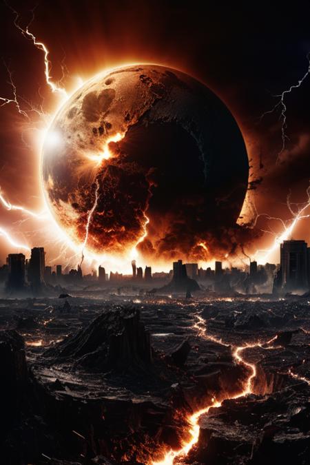 An Armageddon, earth colapse with moon, explode, destroy everything, lightning, sky background, super detail <lora:xl_more_art-full_v1:0.5>
