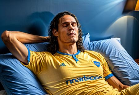 Cavani, photo, of a man lying in bed wearing blue and yellow pajamas, (on back), eyes closed, (masterpiece), (best quality), (detailed), (8k), (HDR), (wallpaper), (cinematic lighting), (sharp focus), (intricate)