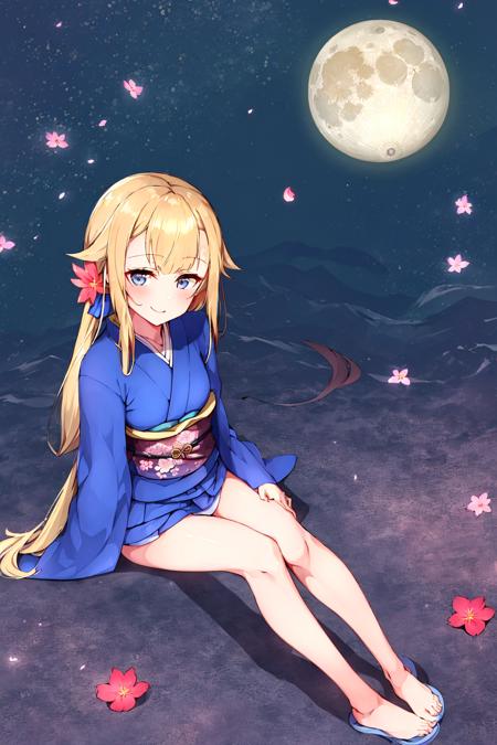 ((masterpiece, best quality)), ((masterpiece,best quality)), (1girl, solo), blonde hair, side ponytail, blue eyes, bare legs, cherry blossoms, (night), moon, (dark), shadows, flower, hair ribbon, japanese clothes, kimono, long hair, looking at viewer, smiling, obi, outdoors, sandals, stairs, sitting, statue, torii, tree, thighs, microskirt, barefoot sandals, no panties, facing viewer, <lora:princess charlotte V1.1:1>