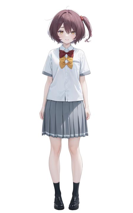 Komari, default clothes, school uniform, 1girl, 4 bows, grey pleated skirt, bowtie, short sleeves, white collared shirt, Komari,swimsuit, school swimsuit, one-piece swimsuit, competition school swimsuit, short hair, pink jacket, hood, hoodie