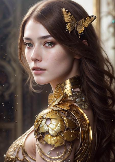 8k portrait of beautiful cyborg with brown hair, intricate, elegant, highly detailed, majestic, digital photography, art by artgerm and ruan jia and greg rutkowski surreal painting gold butterfly filigree, broken glass, (masterpiece, sidelighting, finely detailed beautiful eyes: 1.2), hdr