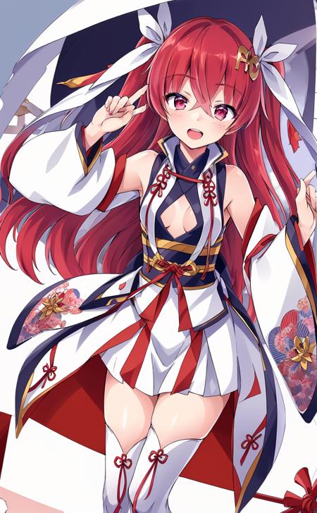 (masterpiece,best quality,high resolution:1.3),(V-sign,peace sign,happy smile,japanese shrine,blue sky:1.2), <lora:test:0.7>,cowboy shot,long hair, thighhighs, red hair, open mouth, hair ornament, red eyes, looking at viewer, ribbon, sash, hair ribbon, standing, two side up, obi, skirt, wide sleeves, japanese clothes, white thighhighs, white ribbon, hair between eyes, zettai ryouiki, white skirt, very long hair, detached sleeves, cleavage cutout,