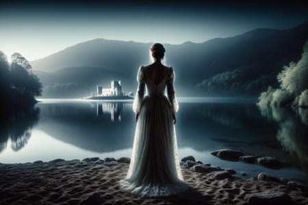Horror-themed , photo of a woman with a long medieval dress standing on the shore of a lake at night with her back to the viewer and looking at a small island with a grave in the lake,
 <lora:Ghostly_Style_SDXL:0.8> ais-ghostly, Ultra-HD-details, true to life, HDR image, High detail resolution, high detailed cloth, cinematic lighting, realistic, sharp focus, (very detailed), ((4K HQ)), depth of field, f/1.2, Leica, 8K HDR, High contrast, bokeh, realistic shadows, vignette, epic, . Eerie, unsettling, dark, spooky, suspenseful, grim, highly detailed