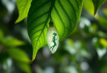 A close-up of a vibrant green leaf with a cocoon hanging from it. The cocoon is illuminated by soft, glowing light, making the silhouette of a fairy figure clearly visible inside. The green leafs veins shine with magical light.  adding a surreal and mystical touch. The background is blurred with natural foliage, creating a peaceful yet intriguing atmosphere.