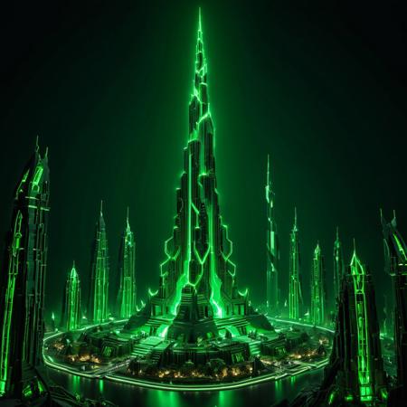 masterpiece, best quality, amazing quality, very aesthetic, electricity, green glow, green theme,
The Burj Khalifa in necron style