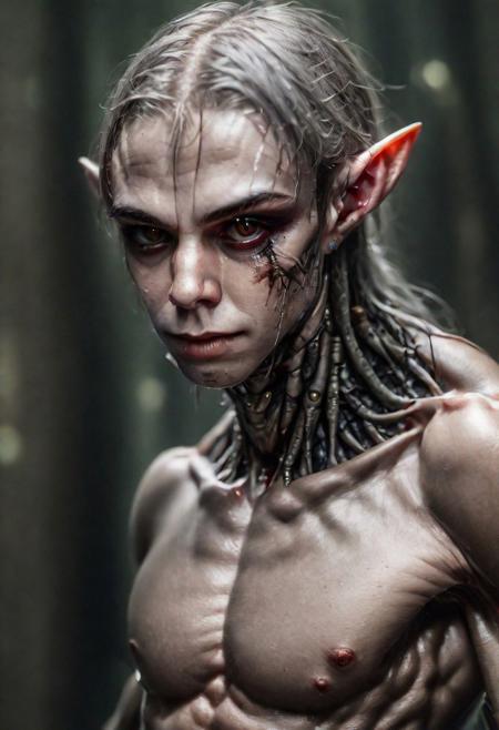 photography in the style of Labirynth, the dark crystal  movies, close up of (nature) and (fantasy) creature with a (diminute) sword stained with (detailed:1.5), in a beautiful and ruined ,fantasy,hyper detailed, real skin imperfections, hard lighting, bokeh, ((curi:1.2))(inspire forms in most beautiful New race:1.4) (beautiful:1.4) (ambient HR Giger:1.0)(alien world:1.0)