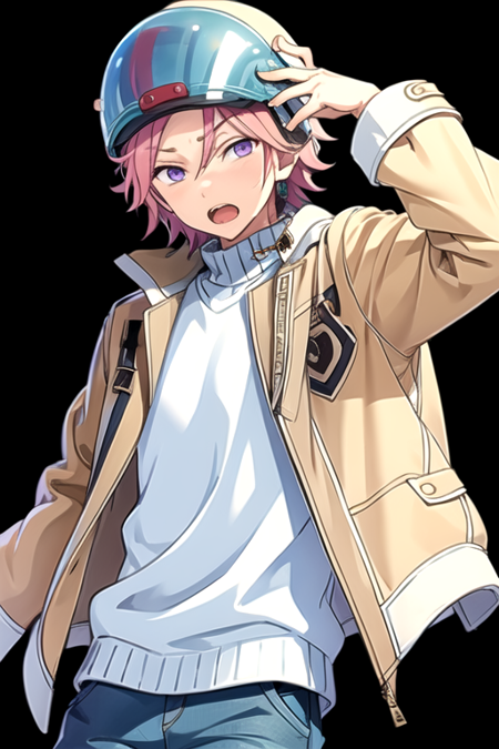 <lora:KohakuES-08:0.7>,kohakues, solo, looking at viewer, short hair, open mouth, simple background, long sleeves, 1boy, purple eyes, jacket, pink hair, male focus, open clothes, pants, sweater, open jacket, helmet, black background, brown jacket, blue pants