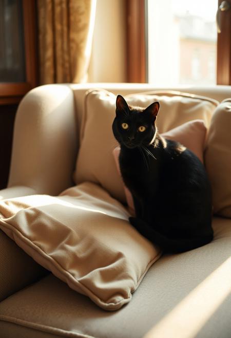 (Soft Lighting Photography by Mimoza Veliu and Mario Giacomelli:1.2), NSFW, one black cat, sitting on an arm chair soft, pillows on the chair, looking at viewer, the sun coming from the window.