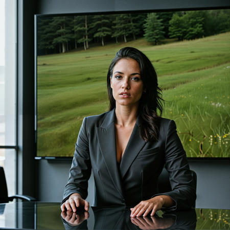 (analogue photo) of a beautiful 25 years woman with olive skin, ((dark hair)) , dark eyes, <lora:Corinna_SDXL_v2:0.5>   ,Boardroom Strategist A woman in a sharp charcoal business suit stands before a digital wall display showing fluctuating market trends. Her posture is assertive as she addresses colleagues seated at a sleek glass table. Cold-white corporate lighting meets glossy surfaces. Low frontal view.,low light, soft natural light, Rembrandt style light, Hasselblad DLSR camera, 200mm Zeiss lens, f/2.8 ,Sexy pose, erotic pose, exhibitionism ,A serene mountain meadow with wildflowers and a stream