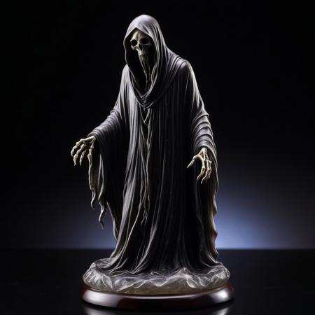 High-resolution image of a crystal figurine depicting a dementor from Harry Potter. The figurine is crafted entirely from translucent, smoky crystal, with intricate details capturing the flowing, tattered robes and the eerie, hollow face. Light passes through the crystal, casting ghostly shadows and refracting into subtle, mystical glows. The dementor's form appears both solid and ethereal, with sharp, faceted edges on the robes and smooth, polished surfaces on the skeletal hands. The figurine is set against a dark, velvety background, with dramatic lighting enhancing the haunting and magical aura of the piece. The style is hyper-realistic, focusing on the interplay of light and crystal, creating a sense of both beauty and dread. cs-cr1stal-v2