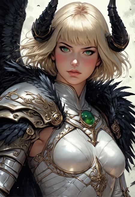 score_9, score_8_up, score_7_up, score_6_up, score_5_up, score_4_up,<lora:Fant5yP0ny:0.8>, 1girl, armor, weapon, wings, solo, shoulder armor, portrait of a woman,  blonde bob cut hair blowing in wind, digital painting,  erotic, mystic beauty up, raw, fcNeg, Expressiveh, (realistic:1.2), highly detailed, fantasy, 
/BREAK/
1woman, 18 years old, pale skin, (mischievous expression:1.2), (green eyes:1.2), natural skin texture, exposed, (perfect face:1.2), (shiny white shag hair:1.5), (bangs:1.3), subsurface scattering, flat breasts, horny, (blush:1.2), very detailed face, covered by black feathers, giant black wings, black feathers, giant big horns, straight giant horns, black horns