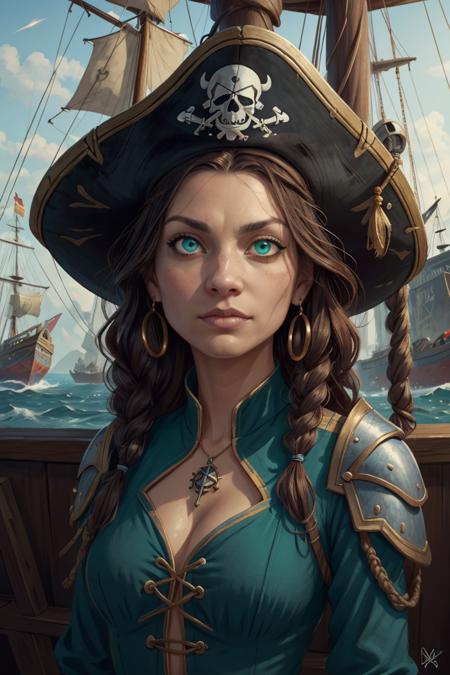 (Masterpiece, best quality:1.2), 1 woman, fearless and courageous expression, mature, skinny shoulders, very skinny body, long dreads, black captitain dark pirate hat, dreads, vibrant green eyes, (detailed eyes and detailed face),outside of a ship, external ship background, detailed face, (medieval fantasy theme: 1.1), light blue pirate-themed armor, neon-lights<lyco:GoodHands-beta2:1.0> ,