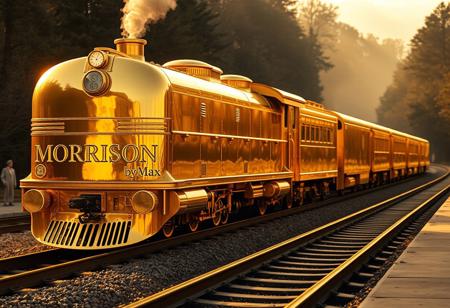 “A train made entirely of gold, with a warm, radiant glow and a smooth, lustrous finish, travels along a railway. The lead car of the train bears the inscription ‘MORRISON’ in bold, stylized letters, seamlessly integrated into its gleaming surface. Following closely behind is another car with the inscription ‘by Max,’ also crafted from gold and shimmering in the light. The surreal train, captured in stunning detail through Panavision Prime Aspherical cinema lenses, moves along the tracks with an opulent display of golden brilliance, as if the precious metal itself has taken the form of a locomotive.”