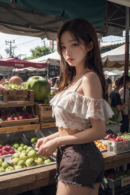 masterpiece, best quality, 1girl,detailed face,market stall,fruits,bare shoulders,hot pants,fruits,vegetable,market background,sunset,sharp_ligting <lora:add_detail:0.45> <lyco:ShinyOiledSkin_v20-LyCORIS:0.35>