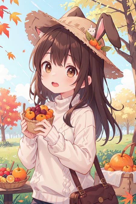 1girl,outdoors,hat,autumn leaves,white sweater,long hair,black hair,food,fruit,animal ears,rabbit,solo,sweater,autumn,holding,tree,leaf,long sleeves,rabbit ears,bangs,day,brown eyes,maple leaf,animal,looking at viewer,blush,cable knit,holding food,open mouth,ears through headwear,brown headwear,orange (fruit),straw hat,turtleneck,picnic,Picnic table,