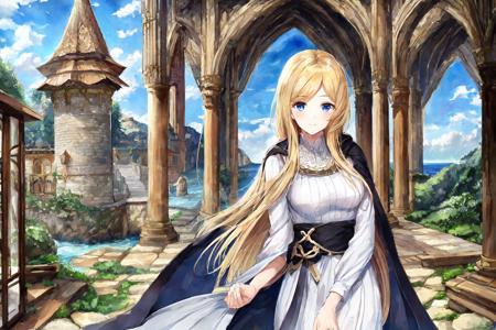 at historical castle, architecture; solo, waifu with blonde hair, blue eyes, white dress and black cape BREAK
exceptional, best aesthetic, new, newest, masterpiece, best quality, ultra detailed, (anime:0.5) BREAK
(painting by John William Waterhouse:1.3); golden ratio, perspective; <lora:Waifu Painting v3 LoHa dim3conv2:8>