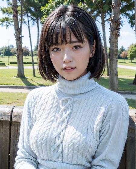 pureerosface_v1:0.3, best quality, photorealistic, 8k, high res, full color, 1girl, woman, 20 years old woman, (closed mouth), (portrait:0.6), trees, park bench, daylight, ((park background:1.52)), full color, ((necksweater:1.68)), looking at viewer:1.8, (1girl eyes looking at viewer:1.55), (short-length hair, blackhair, partedbangs:1.45), (bokeh), <lora:AAG-umi2:0.7>