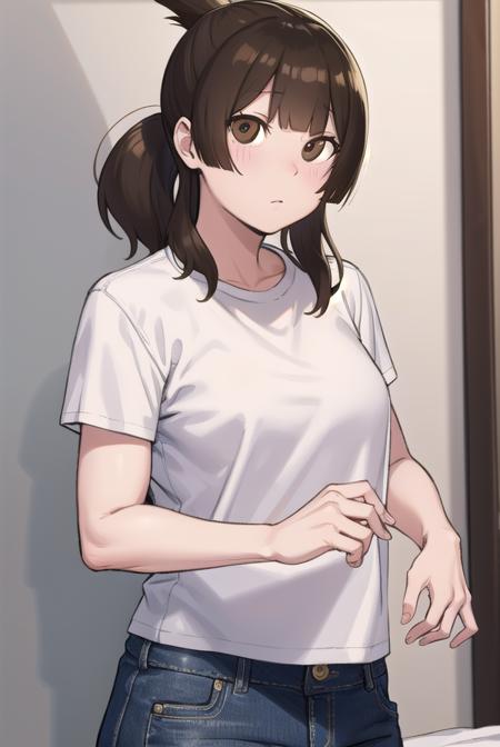 yuiashiro, <lora:yui ashiro-lora-nochekaiser:1>,
yui ashiro, bangs, blunt bangs, brown hair, (brown eyes:1.7), medium hair, ponytail,
BREAK shirt, pants, t-shirt, (white shirt:1.5),
BREAK indoors, bed,
BREAK looking at viewer, (cowboy shot:1.5),
BREAK <lyco:GoodHands-beta2:1>, (masterpiece:1.2), best quality, high resolution, unity 8k wallpaper, (illustration:0.8), (beautiful detailed eyes:1.6), extremely detailed face, perfect lighting, extremely detailed CG, (perfect hands, perfect anatomy),