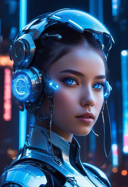 A striking professional portrait of a young cyborg girl, intricately designed with futuristic, metallic elements. Her eyes are a vibrant blue, and she has a delicate, yet strong presence. The background showcases a highly detailed, futuristic cityscape with towering skyscrapers, glowing neon lights, and a sense of advanced technology. The image is reminiscent of the styles of Wlop, Greg Rutkowski, Jeffrey Simpson, and Alphonse Mucha, combining their unique artistic influences to create a captivating sci-fi masterpiece.