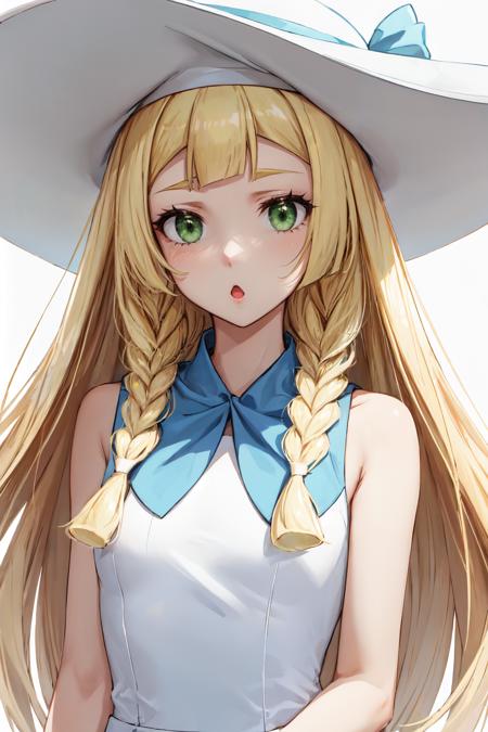 lillie blonde hair, long hair, twin braids, green eyes