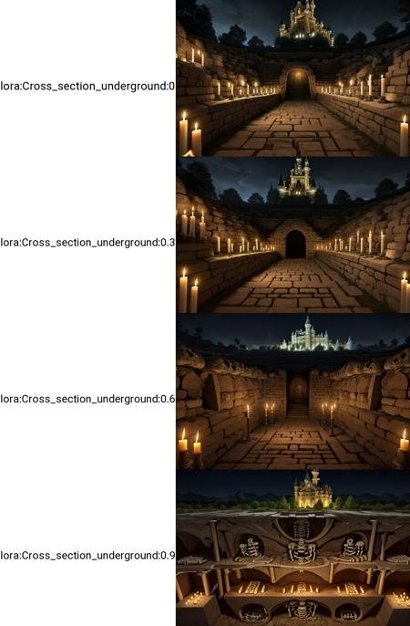 masterpiece, best quality, CG, wallpaper, HDR, high quality, high-definition, extremely detailed, from the side, ADDCOMM
city, castle, medieval, at night, ADDROW 
csu, cross-section, underground, catacombs, stone labyrinth, skeletons, lit by candlelight, lanterns, <lora:Cross_section_underground:0>