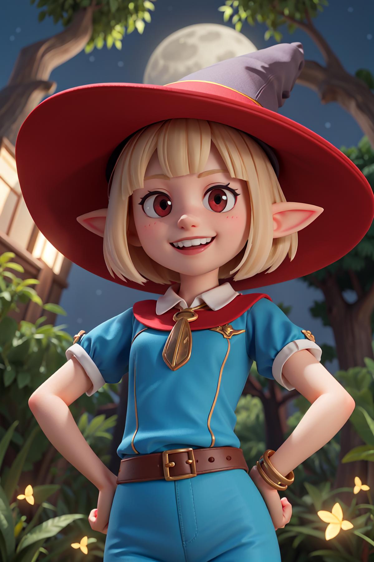 A cartoon girl with blonde hair wearing a blue shirt and a red hat.