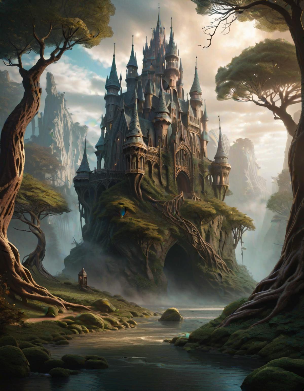 A Fantasy Castle in a Lush Forest with a Wizard Standing Nearby