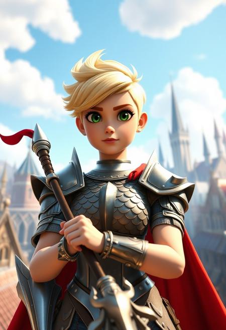 Pixar inspired poster, A perfect masterpiece art by pixar disney, sexy hot athletic fit muscular buff female knight, solo, blonde, green cute eyes, very short curly hair, short curly spiked buzz haircut, pompadour haircut, pale skin, medium boobs, wearing scale armor, asymmetrical armor, large left shoulder armor, bracelets, red cape, polearm, from below, magical fantasy city rooftops, magical fantasy city, life-like masterpiece realitic photo, hyper realistic, A photogenic soft scene, digital 4k art, bokeh, depth of field, detailed eyes, 4K, vivid, extremely detailed, perfect anatomy, maximalist, dynamic, absurdres, 8k photography, three point perspective, Ultra-realistic, Hyperrealism