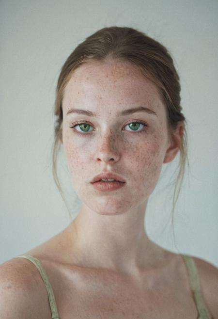 Retro film photo  in great natural lighting, low contrast and subdued. Film distortion and flaws, grainy blur in spots. A beautiful young woman with green eyes and Italian heritage vaguely resembling Tyler, Liv. Pale skin, the lightest freckles, hair pulled back into a tight ponytail. Full cheeks, rounded chin. 
She displays her body, coyly but suggestively, her soft breasts and fit body enticing. 
 inviting intimacy, thin wrists, slender waist, length legs, pubic mound. And thigh gap.  She is aching to make love but is also coy and hesitant, lacking self esteem. 
She looks tired and Strung out, but she is also achingly aroused and super turned on. Sensual passion, achingly horny.  White studio and pale.