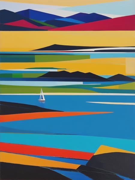 <lyco:RaimondsStaprans:1.0> 102066. A painting by Raimonds Staprans. A painting of the Sound of Mull and Tobermory illustrates the enchanting vistas and diverse landscape of this Scottish island in the Inner Hebrides through a captivating blend of Cubist and Fauvist styles. The vibrant scene depicts sailboats gliding through the crystal-clear waters of the Sound of Mull, framed by the colorful harborfront buildings of Tobermory and the lush, forested hills in the background, portrayed in fragmented shapes and brilliant colors. The composition conveys a sense of wonder and the magical charm of sailing in this picturesque location.