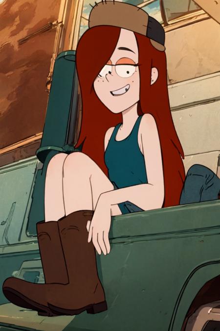 Wendy_Courduroy, 1girl, red hair, long hair, flat chest,  smile, open mouth, hat, green shirt, long slevees, jeans, boots