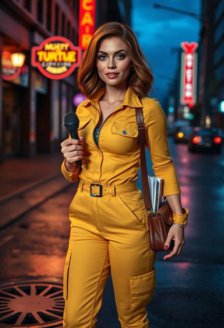 A photorealistic image of a woman resembling April O'Neil from * Mutant Ninja Turtles* as a real human. She has a strikingly beautiful, athletic figure with toned curves, huge breasts, a slim waist, and a confident stance. Her shoulder-length auburn hair is styled in soft waves, framing her face with bright, intelligent eyes and a warm, determined expression.  She is wearing her signature yellow jumpsuit, perfectly fitted to her body, with the zipper slightly undone at the top for a casual yet professional look. The jumpsuit features utility pockets and a matching belt, emphasizing her practical and adventurous personality. She pairs this with white sneakers and a vintage brown leather shoulder bag slung across her torso, containing a notepad, a microphone, and other reporter essentials.  The setting is an urban street at dusk, with the faint glow of neon signs reflecting off wet pavement. She is standing near a manhole cover, holding a handheld microphone in one hand and a notepad in the other, as if she's in the middle of investigating a story. The lighting is cinematic, with a mix of cool blues and warm orange hues highlighting her figure and creating a dramatic yet grounded atmosphere. The scene captures her intelligence, bravery, and charm, bringing the animated character to life in a realistic, modern context.