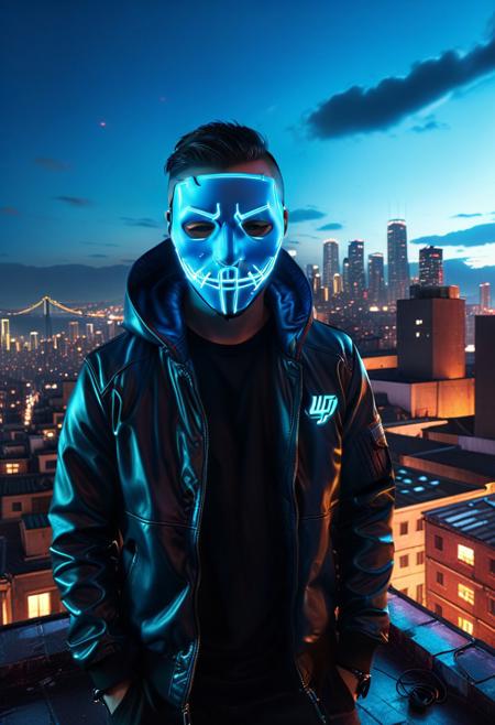 score_9, score_8_up, score_7_up, score_6_up, score_5_up, score_4_up, (absurdres, best quality, masterpiece:1.4), illustration, photorealistic, cinematic lighting, dynamic angle, perfect composition, mask, neon mask, urban rooftop, night cityscape, neon lights, dark clothing, techwear, electric blue glow, tense atmosphere, digital screen face, sleek