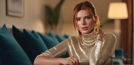 bella thorne, wearing a turtleneck shirt, sitting on a couch, photorealistic, bokeh, film grain, sharp focus, (masterpiece, best quality, ultra_detailed, highres, absurdres:1.2)