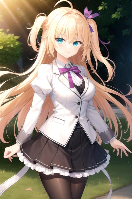 Sakurakouji Tsukuyomi ahoge,very long hair,blonde hair,one side up,hair intakes,purple hair ribbon,floating hair,hair between eyes,bangs,aqua eyes school uniform,(white jacket),suit jacket,wing collar,pink neck ribbon,white shirt,collared shirt,center frills,large breasts,underbust,juliet sleeves,puffy sleeves,long sleeves,shirt tucked in,black skirt,pleated skirt,plaid skirt,frilled skirt,black pantyhose,argyle legwear,boots