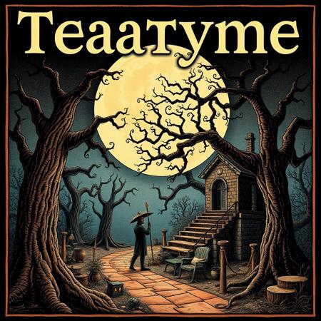A cover of a Prog-Rock album of a band called "Teatyme" with art in the style of Edward Gorey