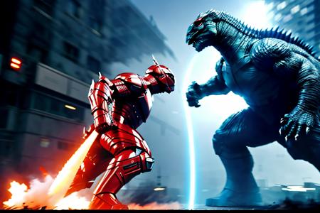 <lora:fight_scene:1>, fight scene, dynamic pose, (motion blur), emphasis line, sparks, plasma, aura, Ultraman fights Godzilla,
