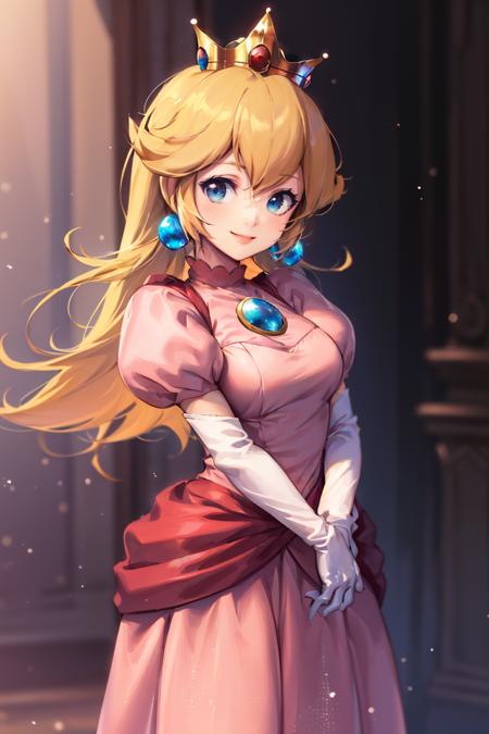 <lora:Toriyama_Akira_Style :0.8>,((masterpiece,best quality)), absurdres, <lora:Princess_Peach_Nintendo:0.8>, Princess_Peach,  (pink dress), blonde hair, blue eyes, long hair, crown, gem, gloves, puffy sleeves, short sleeves, white gloves, solo, smiling, looking at viewer, cowboy shot,  cinematic composition,