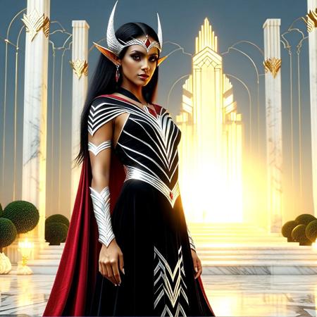 wide cinematic view of an elite female dark elven (Drow) warriort in black and silver art deco-inspired armor, silver chrome and moonsteel with sunburst and chevron engravings, angular pauldrons, ruby and red jasper inlays, stunningly elegant facial features, pointed ears, regal and beautiful expression, flowing cape in deep sapphire with embroidered Elven runes, Deco circlet crown, magical twilight lighting, cinematic background blur, glowing reflections on polished armor, heroic posture, fantasy deco fusion, They stand proudly on marble steps, framed by towering gold-and-alabaster statue columns shaped like Deco guardians. Behind them, stained glass windows and curving Elven arches stretch toward the twilight sky, with magical mist drifting through the air. The scene is radiant and regal, with cinematic lighting, soft haze, ambient magical glow, and a deep sense of heroic elegance. Ultra-detailed, fantasy deco fusion, 4K concept art, full body view.
Hideultra-detailed, symmetrical composition, 4K concept art