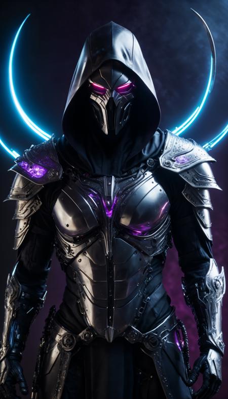sci-fi, (half body, close up:1.1), In a hyper-realistic masterpiece. A futuristic mechanical reaper materializes. Its metallic form, intricately detailed down to the smallest rivets and gleaming chrome.  intricate, highly detailed, smooth, sharp focus, detailed, (dramatic, sharp focus, 8k),smooth, sharp focus,(global illumination, studio light, volumetric light), armor, spark, dust, the scythe's edge, razor-sharp, glows with an unsettling, luminous energy while the ambient darkness is punctuated by neon blues and fiery purple, casting an eerie and breathtaking interplay of light and shadow. In this evocative image, the grim reaper transcends mere artistry, entering the realm of the hyper-real,
