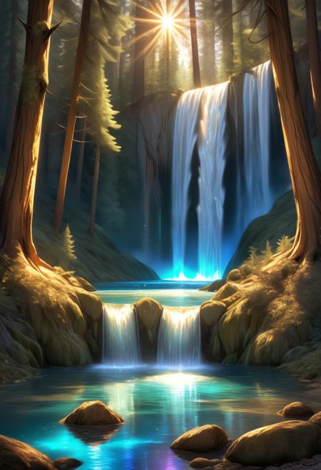 aesthetic, masterpiece, beautiful, elegant, award winning, absurdres, hdr, best quality, hyper detailed, (waterfall:1.5) iridescent, forest, , gold lake, lake, shiny, sparkle, symmetrical, glowing