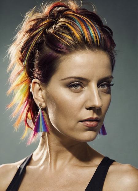 portrait of sks woman by Flora Borsi, style by Flora Borsi, bold, bright colours, rainbow Mohawk haircut, ((Flora Borsi)), <lora:locon_andreaparker_v1_from_v1_64_32:1.25>