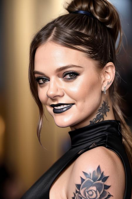 portrait photo of etvesni-200, a beautiful woman, closeup zoomed in tight crop portrait, ((black hair)), ponytail, wearing a light black evening gown , (tattoos on her arms), (black lipstick), smiling, at a hollywood premier, bokeh,  foreground objects background details (masterpiece:1.2)